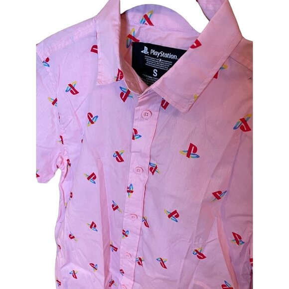PlayStation Allover Logo Pink Button Down Collared Short Sleeved Blouse Sz S - Picture 3 of 9